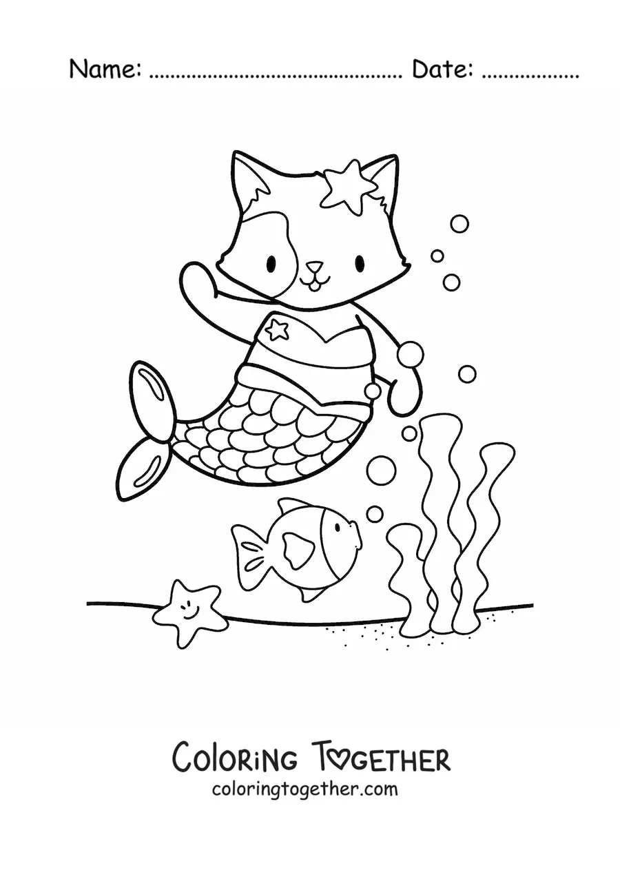 Coloring page of a cute kawaii mermaid cat in the sea