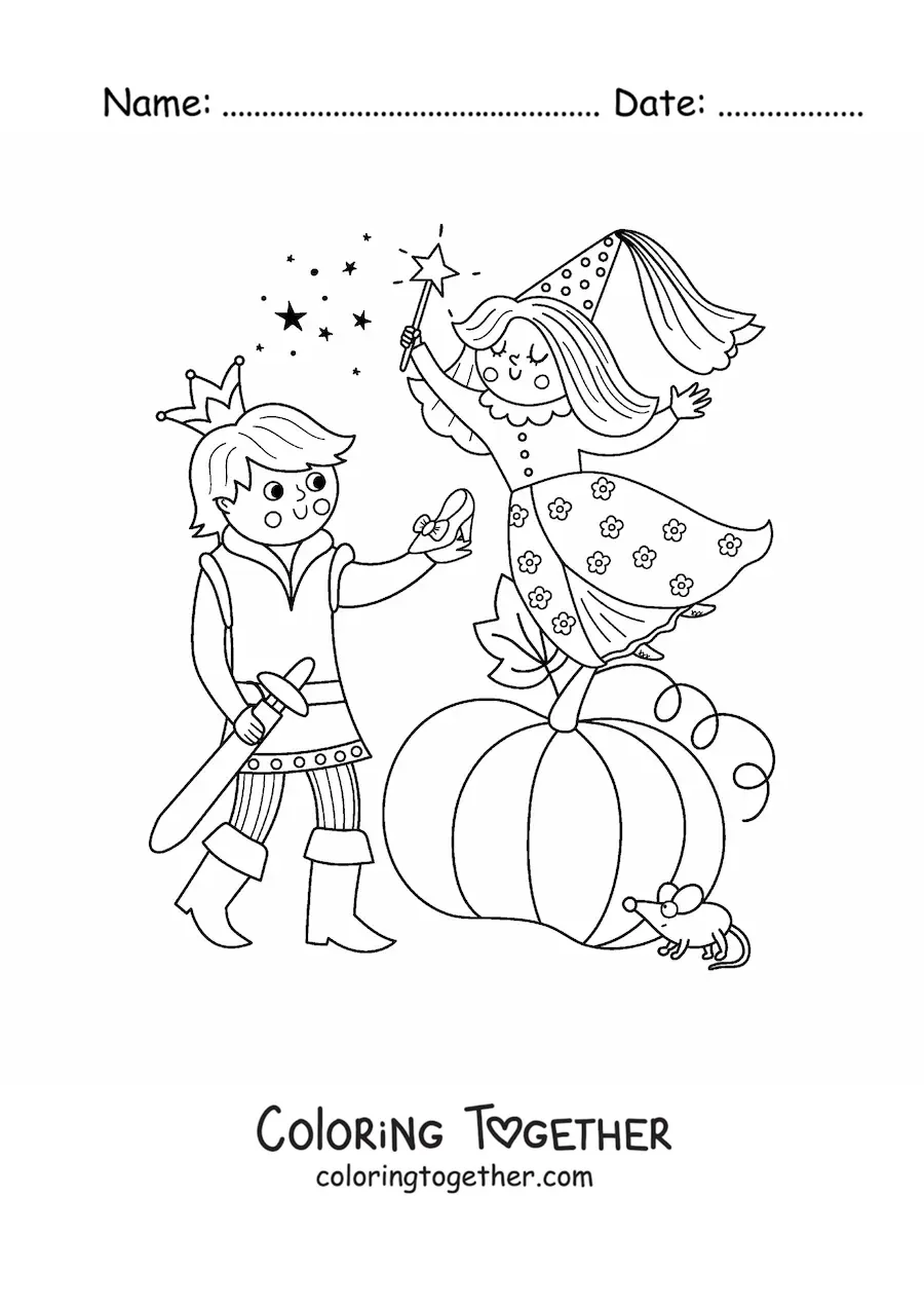Coloring page of a fairy godmother and a prince