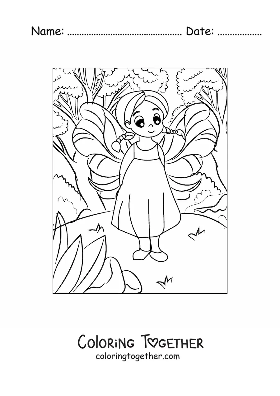 Coloring page of a sweet baby fairy in the forest