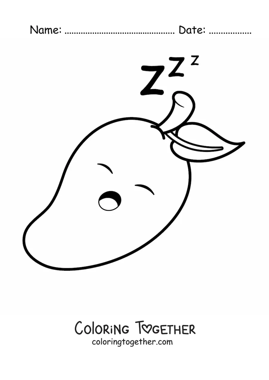 Coloring page of a cartoon mango sleeping