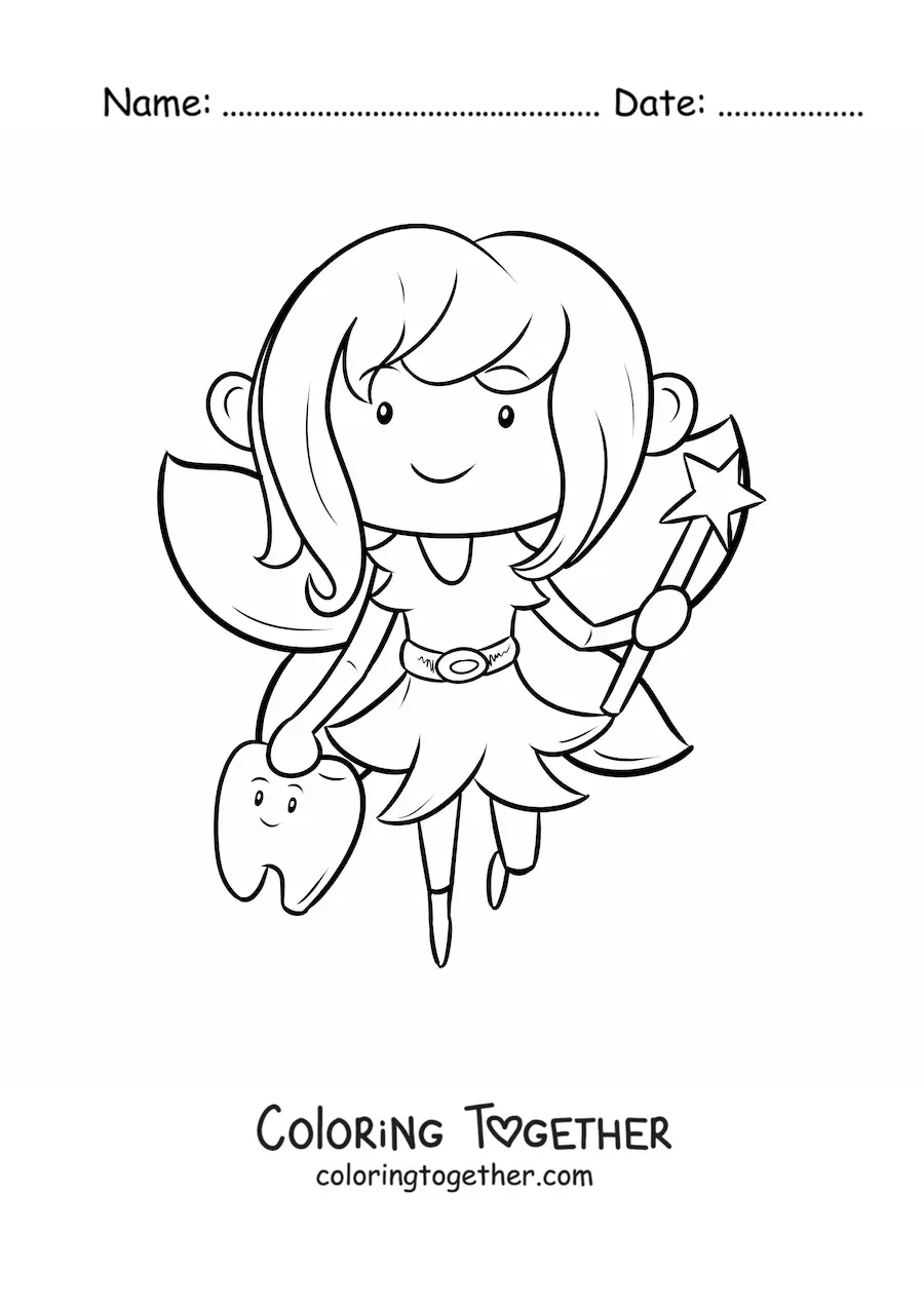 Coloring page of a cute kawaii tooth fairy with a tooth