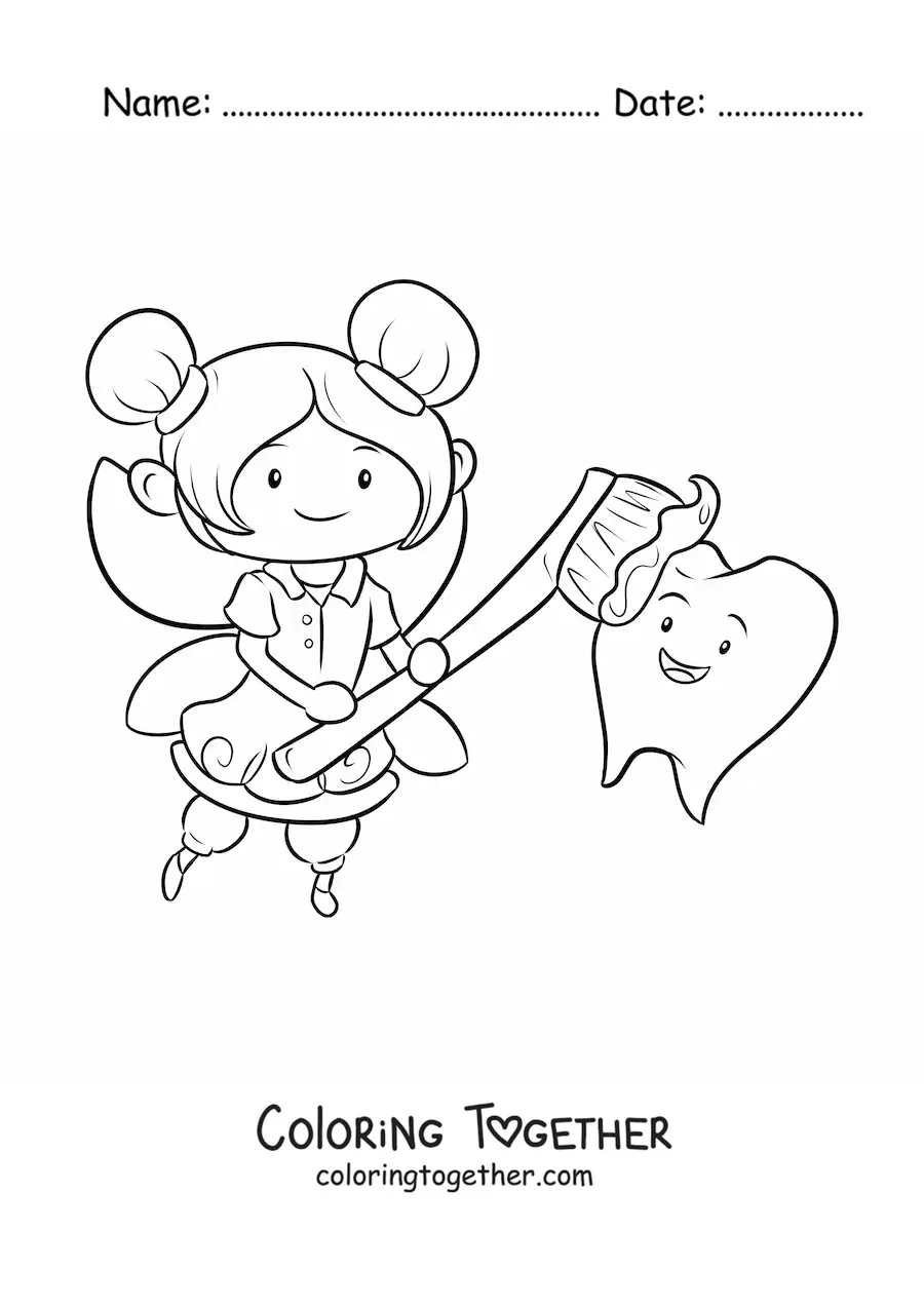 Coloring page of a cute kawaii tooth fairy brushing a tooth