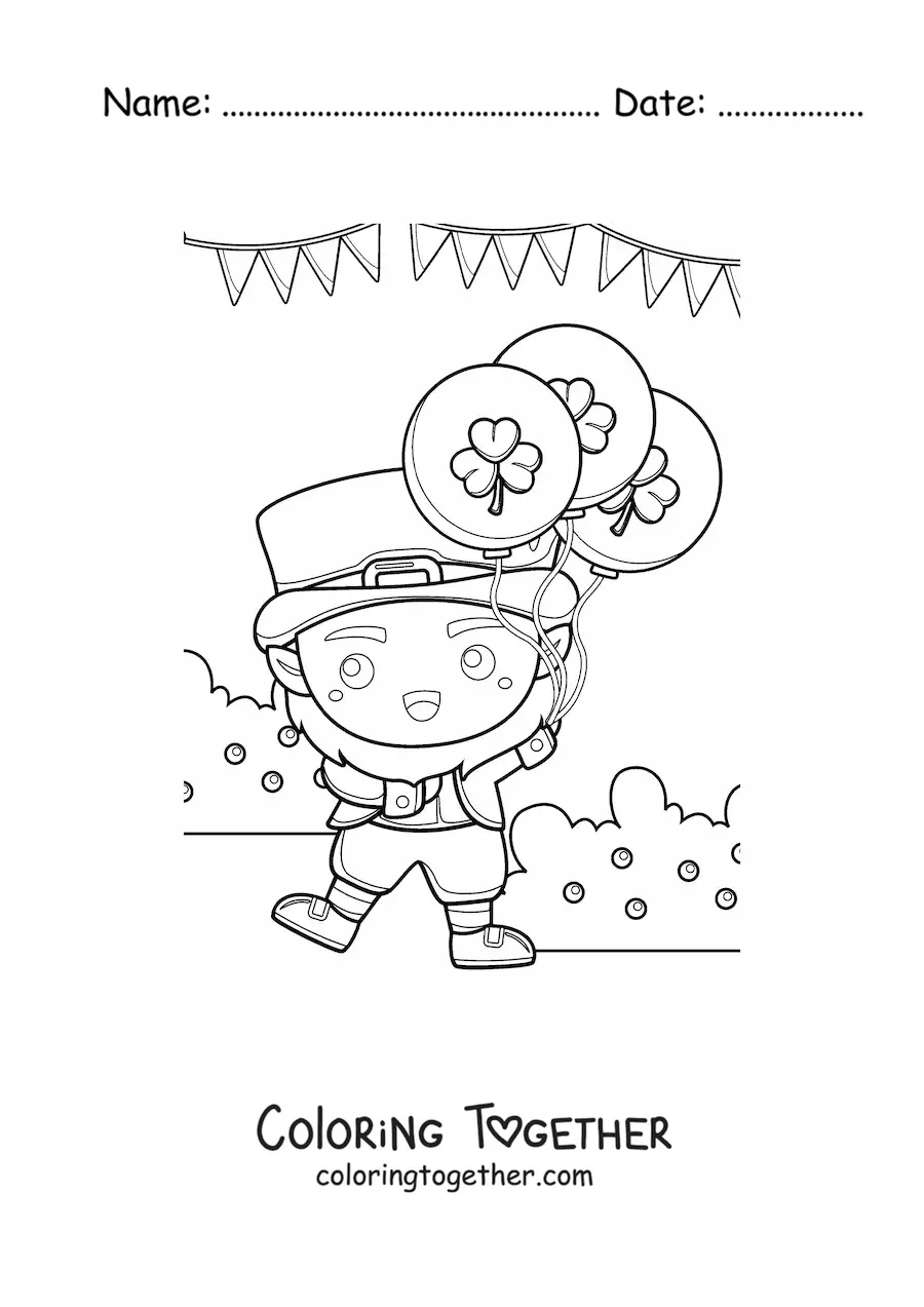 Coloring page of a cute kawaii leprechaun with clover balloons