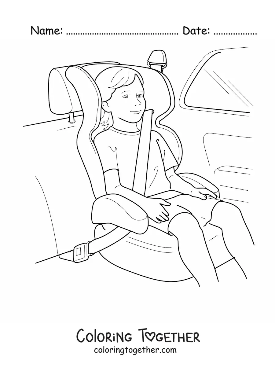 Coloring page of a child with a seatbelt in a child car seat inside a car