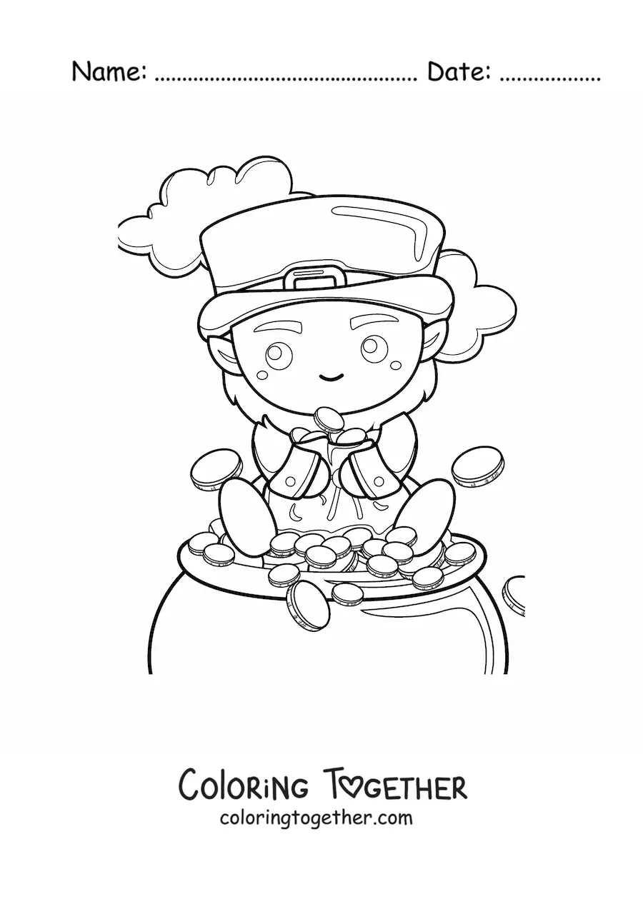 Coloring page of a cute kawaii leprechaun sitting on his pot of gold