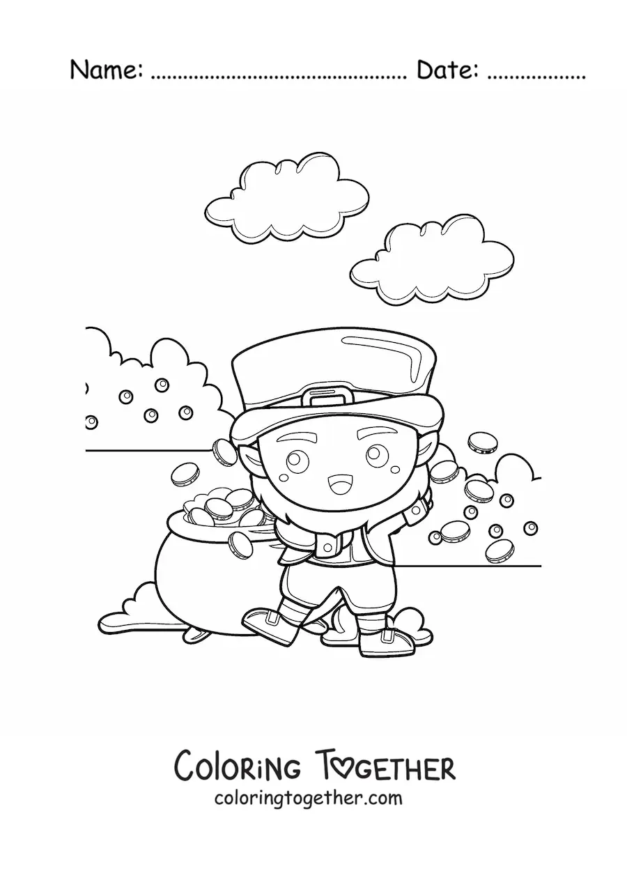 Coloring page of a cute kawaii leprechaun beside his pot of gold