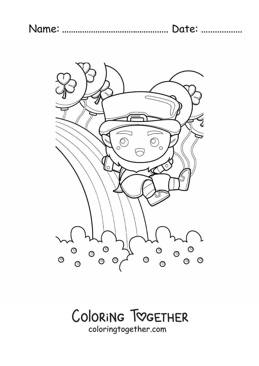Coloring page of a cute lucky kawaii leprechaun sliding down a rainbow