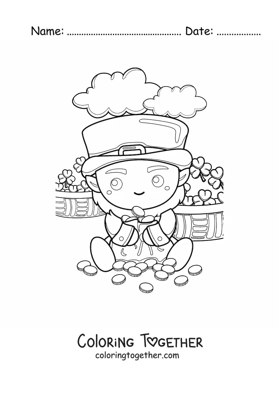 Coloring page of a cute lucky kawaii leprechaun with gold and clovers