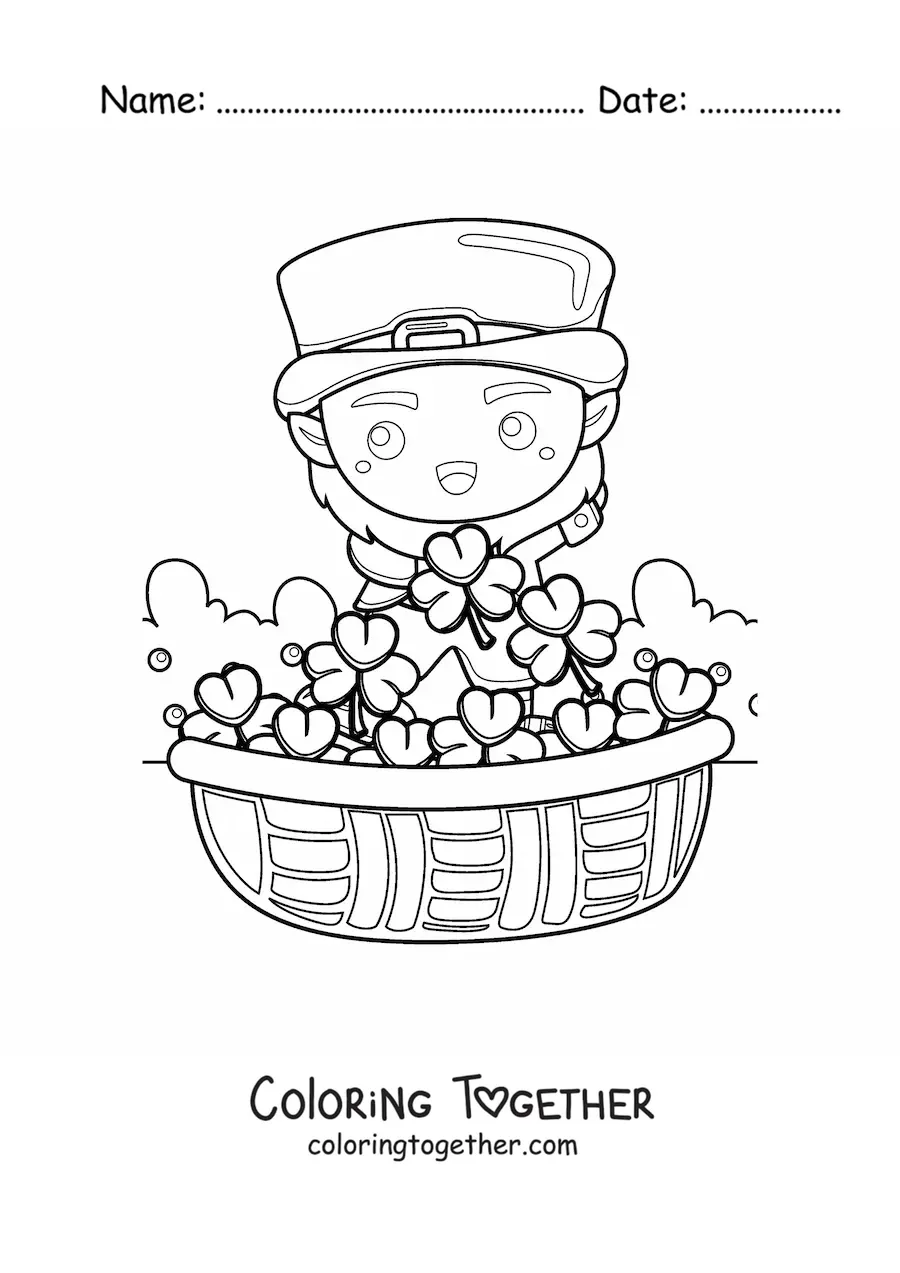 Coloring page of a cute kawaii Irish leprechaun with clovers