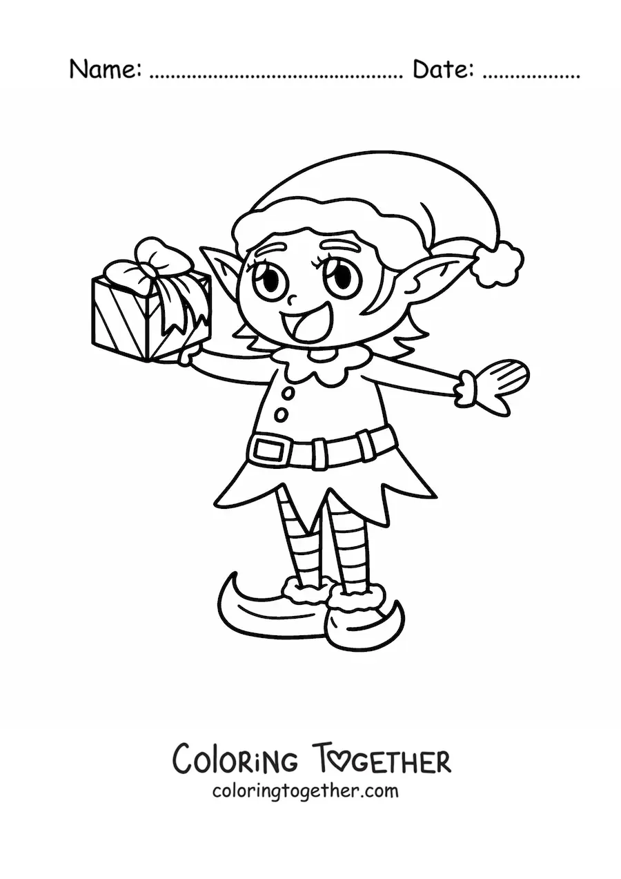 Coloring page of a magical Christmas elf with a gift