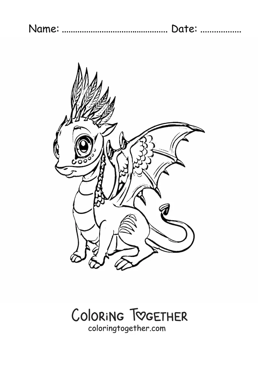 Coloring page of a beautiful cute kawaii baby dragon
