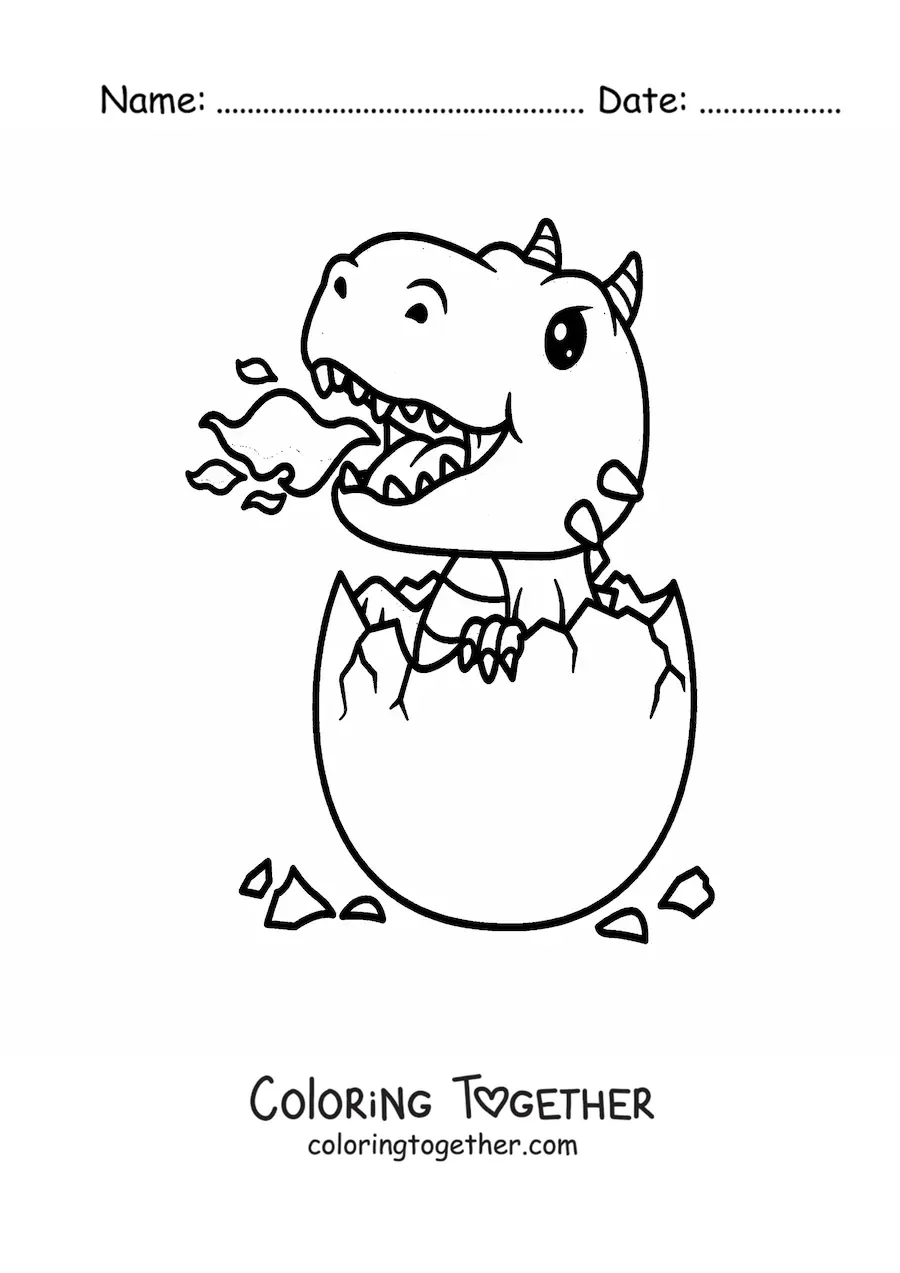 Coloring page of an egg with a cute kawaii baby dragon breathing fire