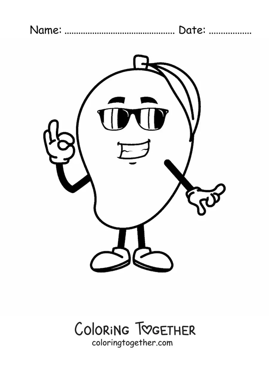 Coloring page of a cartoon mango with sunglasses