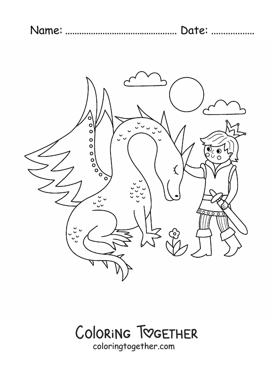 Coloring page of a prince and a dragon