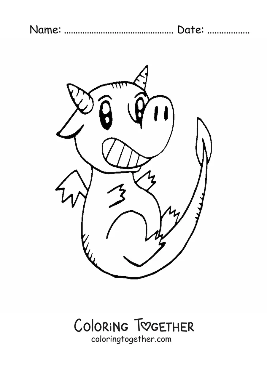 Coloring page of a sweet little dragon flying