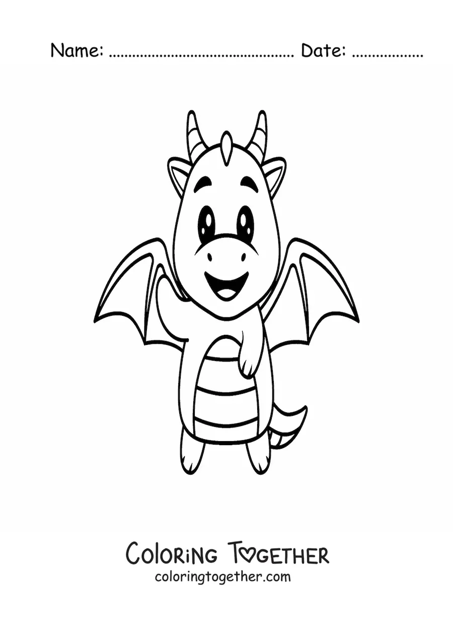 Coloring page of a cute kawaii dragon waving