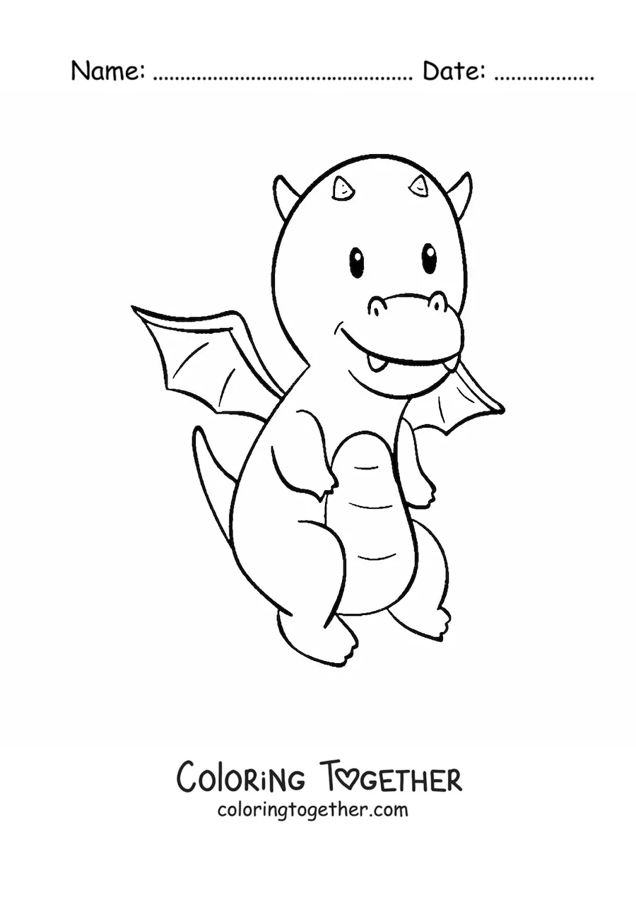 Coloring page of a simple animated dragon flying