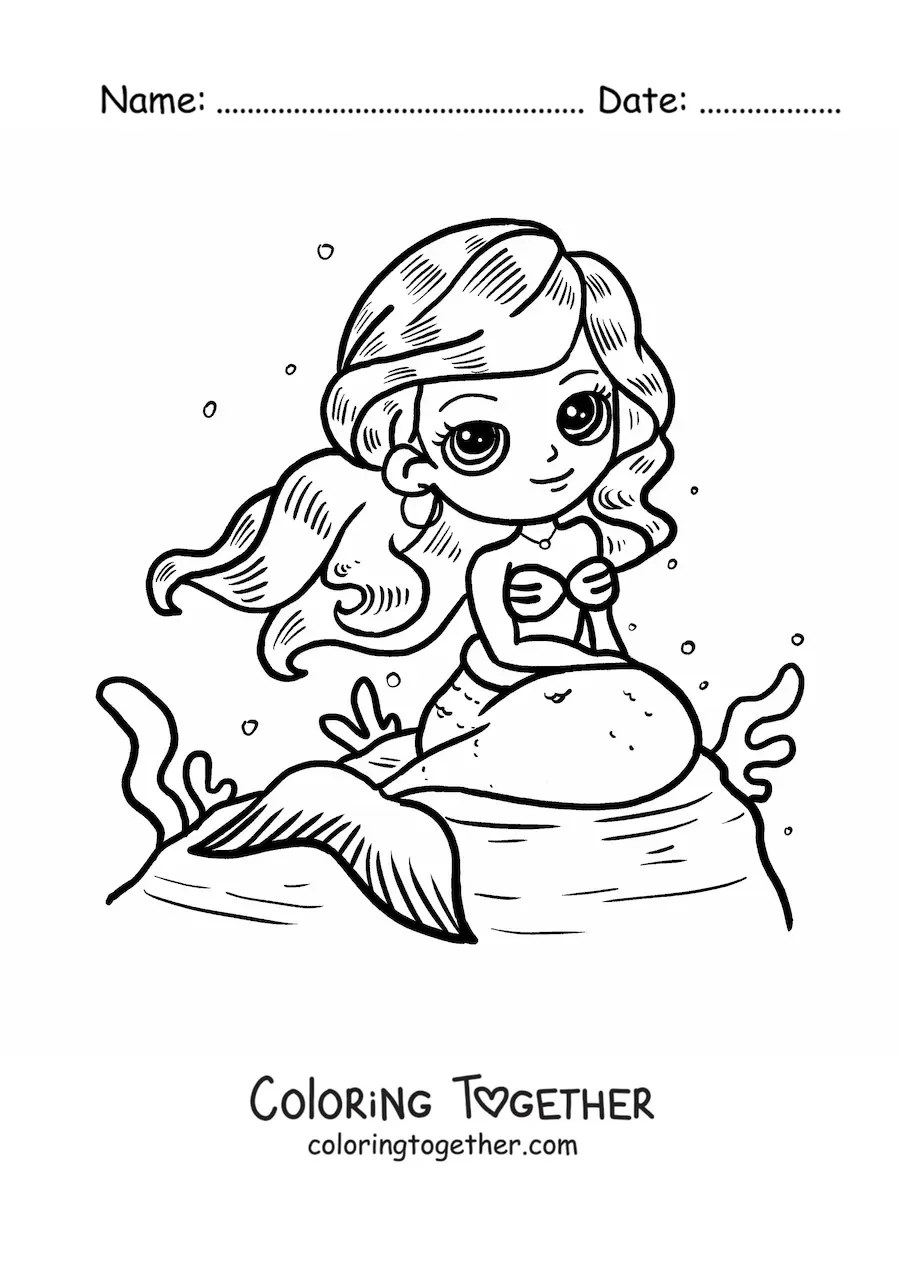 Coloring page of a cute kawaii mermaid sitting on a rock