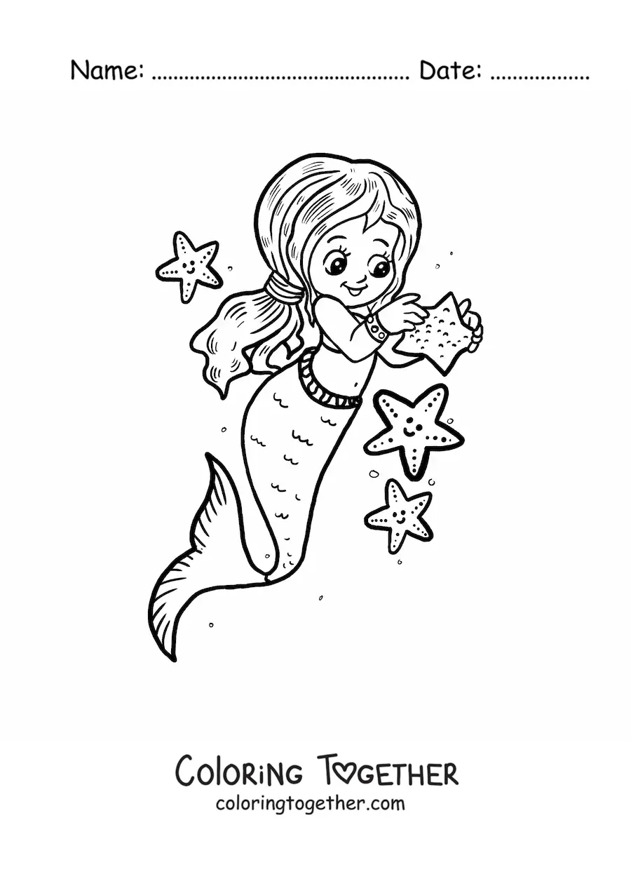 Coloring page of a cute kawaii mermaid girl with starfish