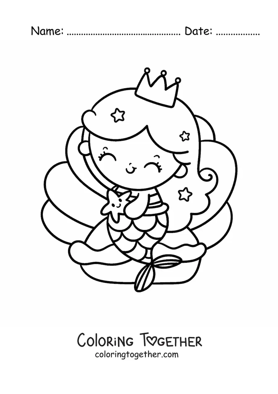 Coloring page of a cute kawaii mermaid princess sitting in a seashell