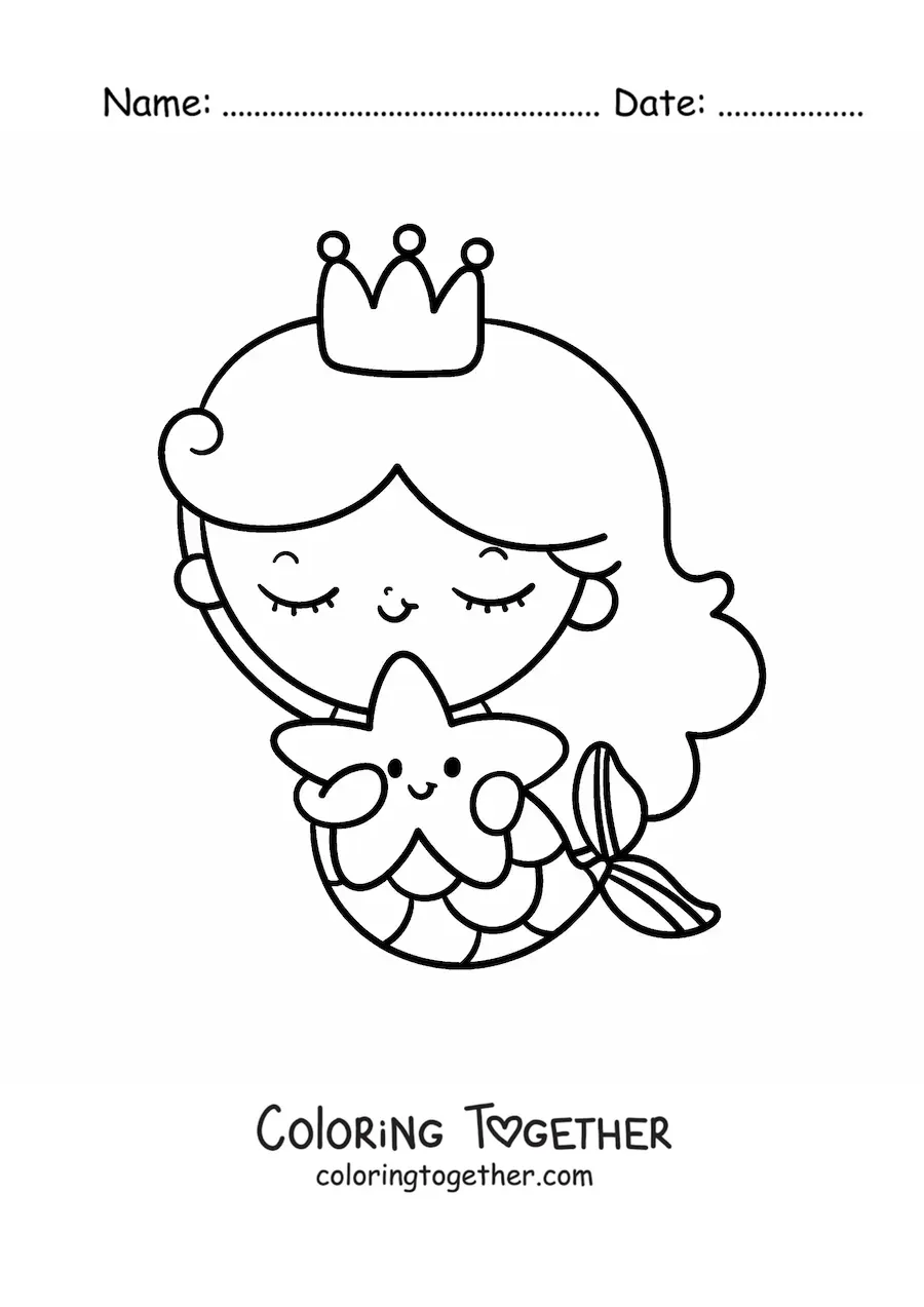 Coloring page of a cute kawaii mermaid princess with a starfish