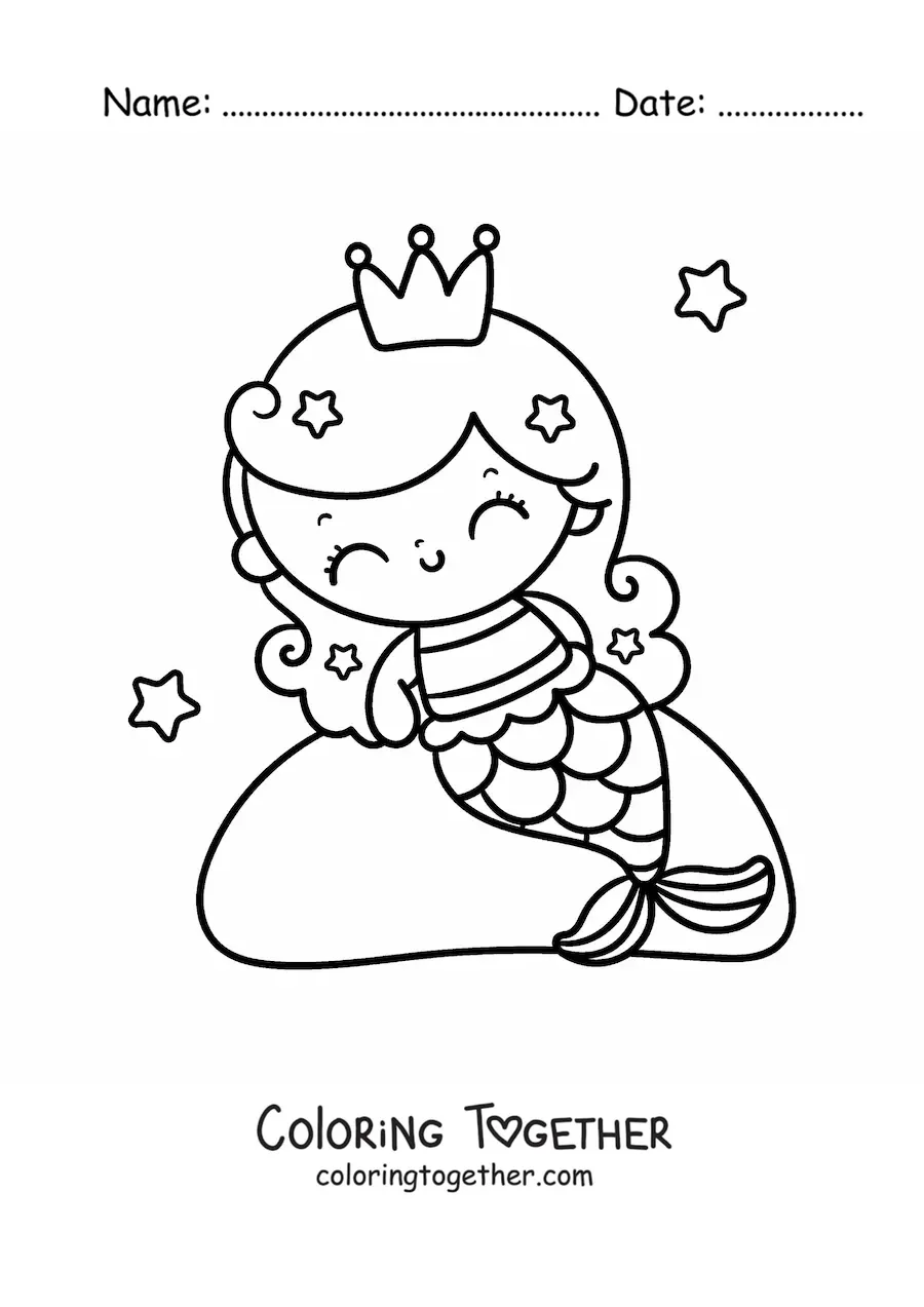 Coloring page of a cute kawaii mermaid princess sitting on a rock