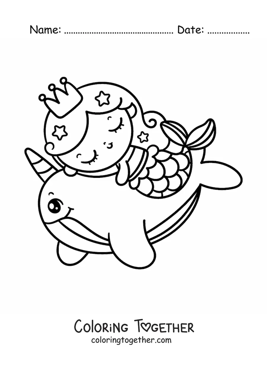 Coloring page of a cute kawaii mermaid princess swimming with a narwhal