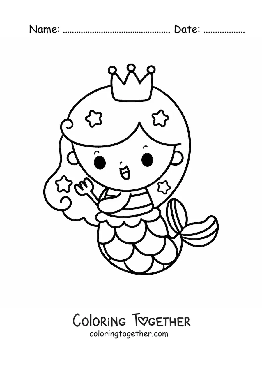 Coloring page of a cute kawaii mermaid princess with a fork
