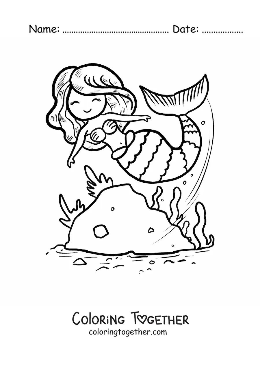 Coloring page of a sweet animated mermaid swimming in the sea