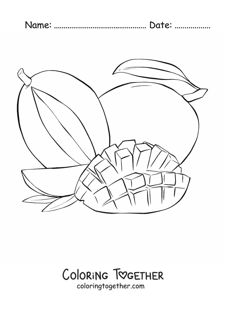 Coloring page of a mango sliced into cubes with a whole mango in the background