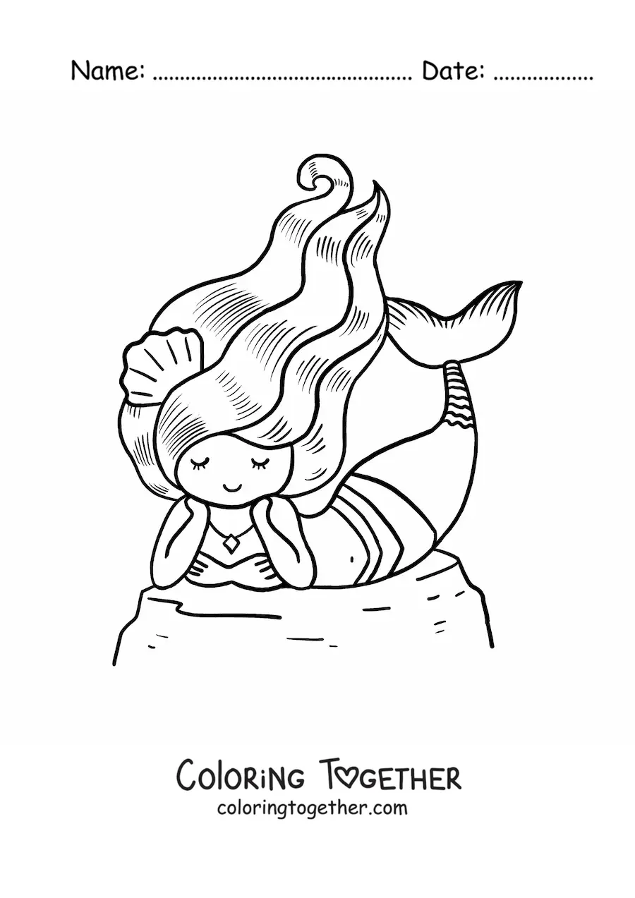 Coloring page of a beautiful mermaid lying on a rock