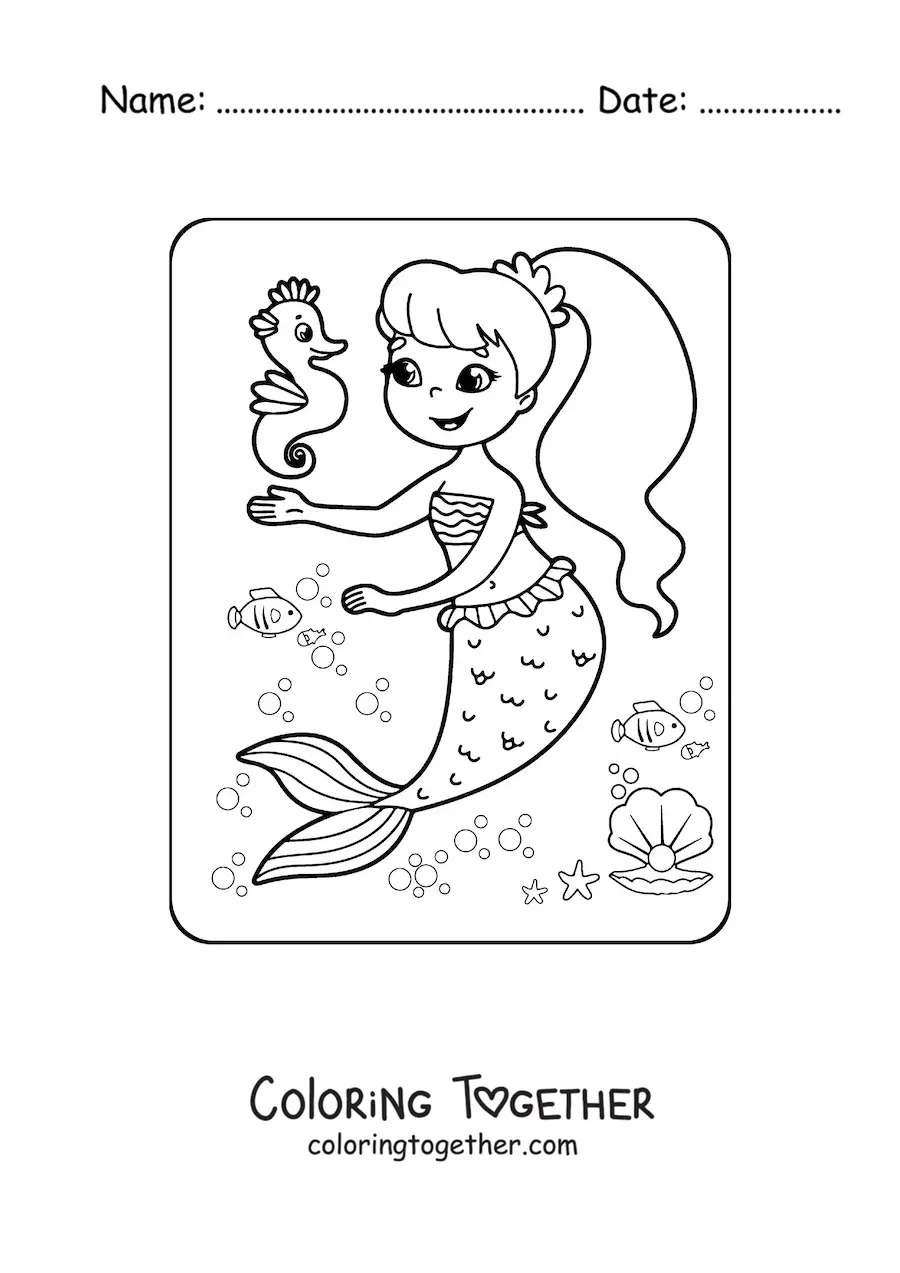 Coloring page of a mermaid girl with a seahorse