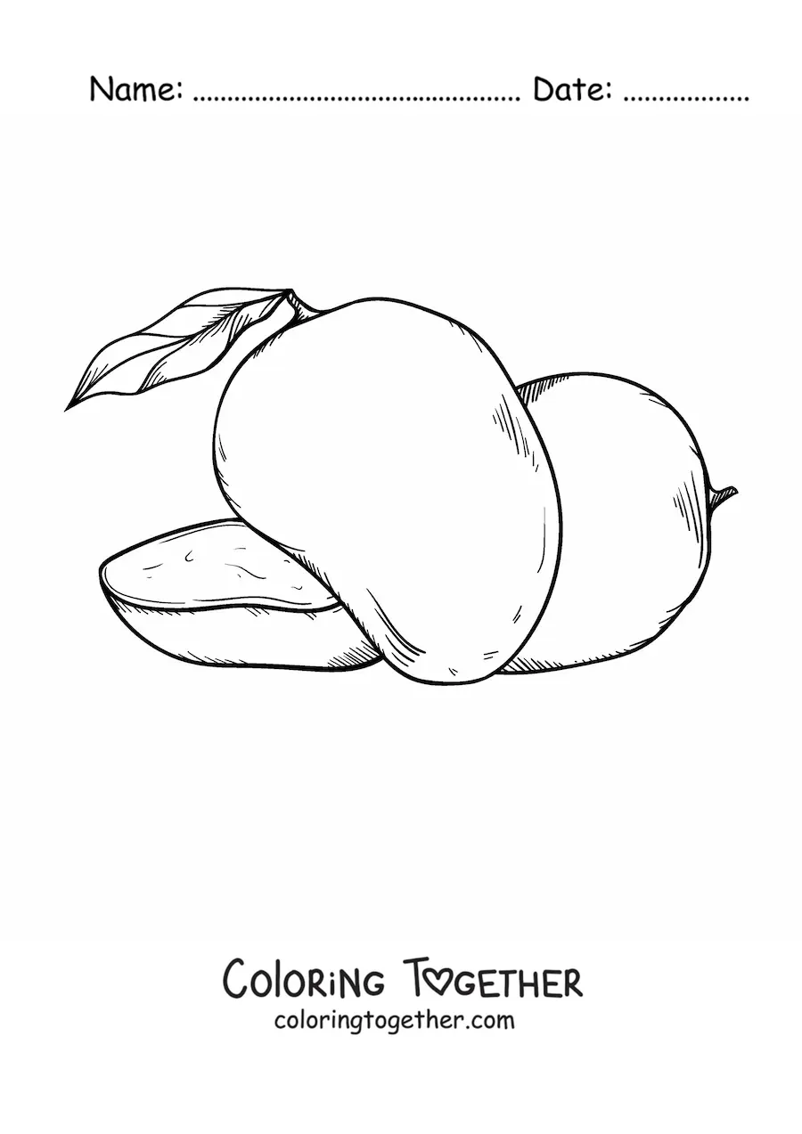 Coloring page of a sliced mango and another whole mango