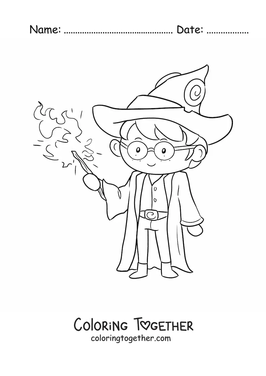 Coloring page of an animated wizard with a wand