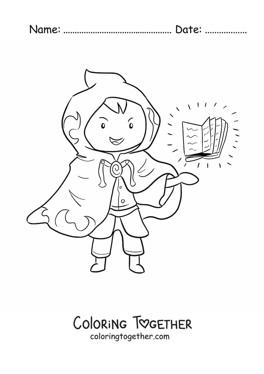 Coloring page of a wizard with a cape and a spellbook