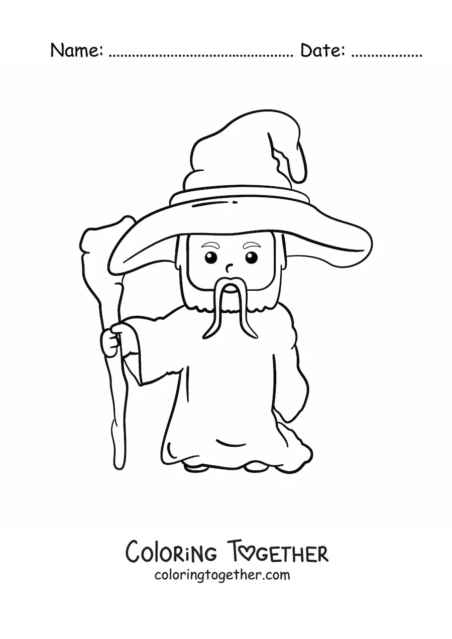 Coloring page of a cute kawaii wizard with a staff