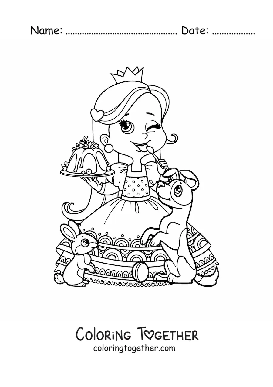 Coloring page of a kawaii princess with dessert and pets