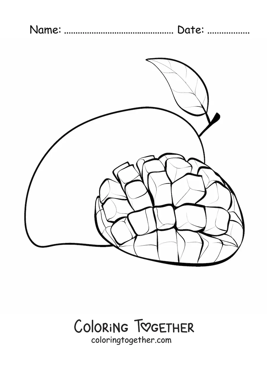 Coloring page of a mango sliced into cubes with another mango in the background