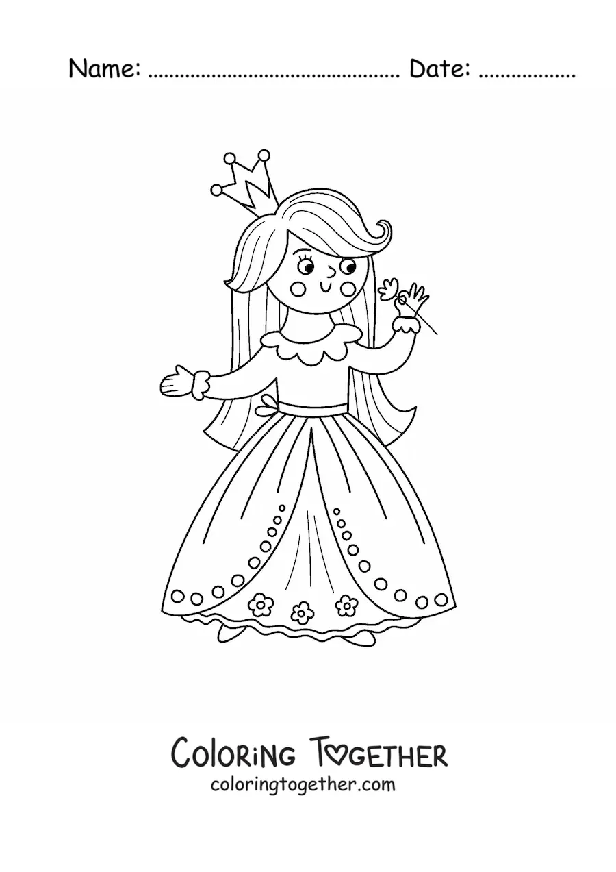 Coloring page of a kawaii princess with a rose