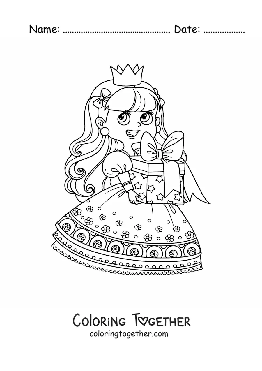 Coloring page of a kawaii princess with a gift