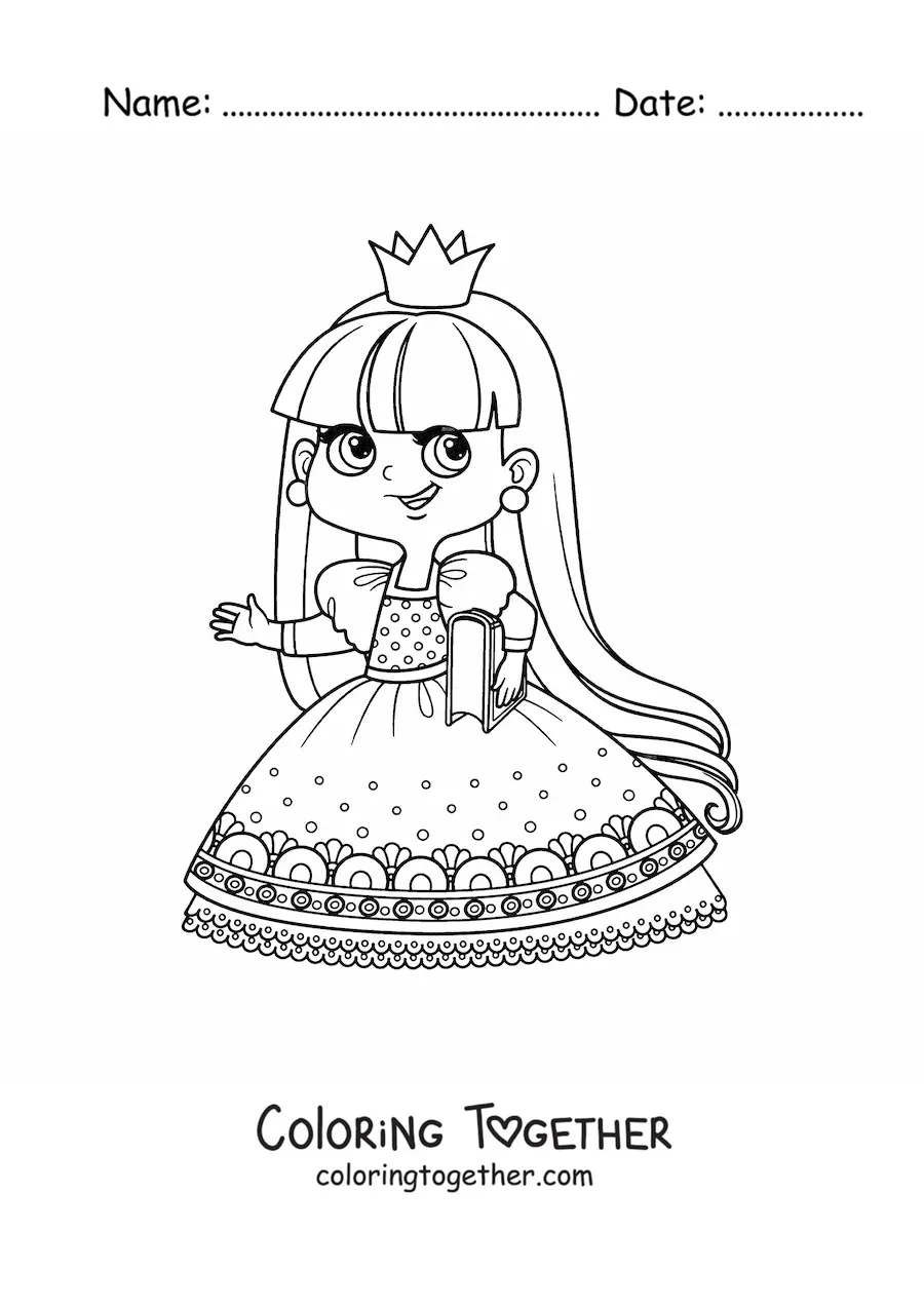 Coloring page of a kawaii princess with a book
