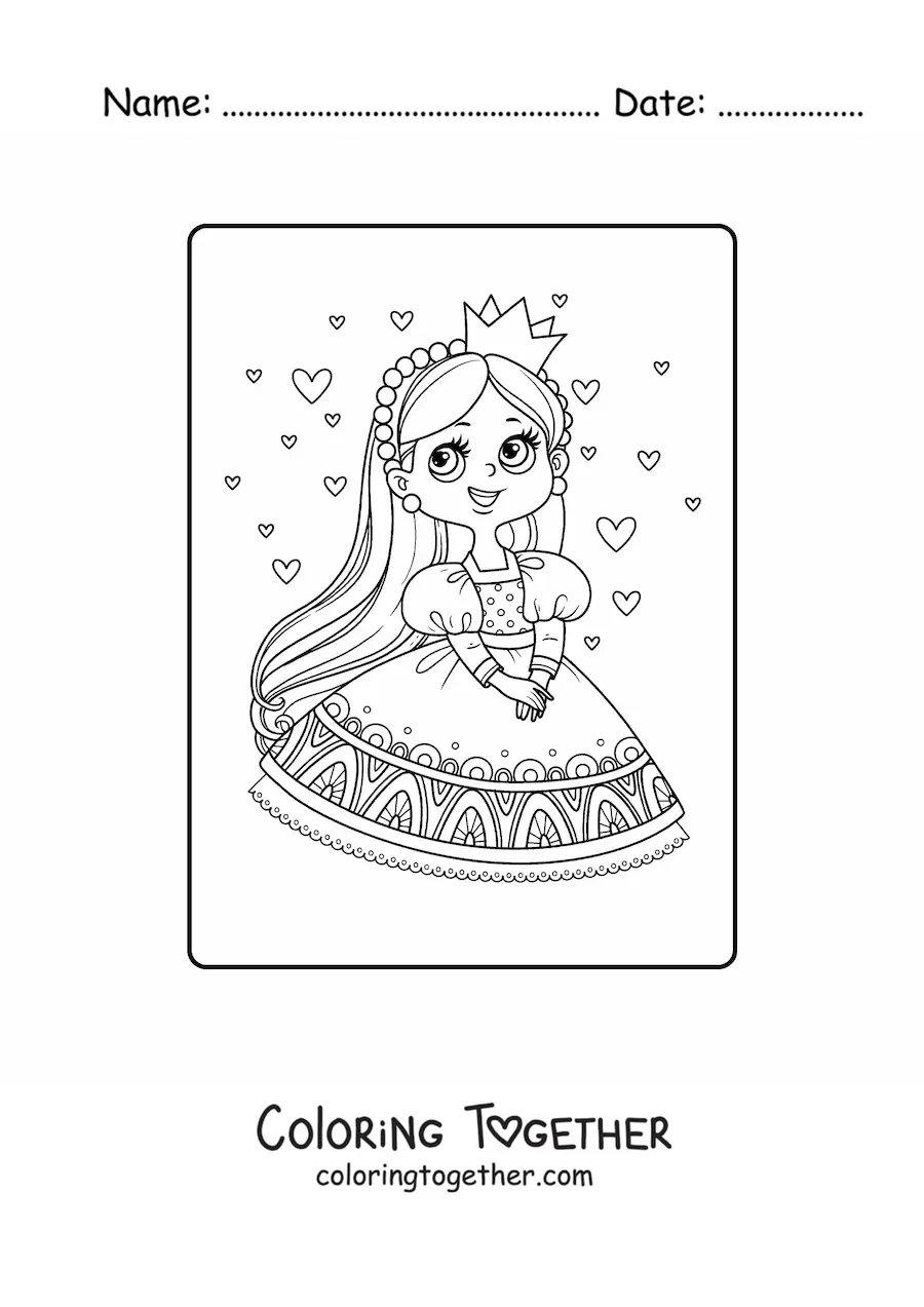 Coloring page of a kawaii princess with hearts