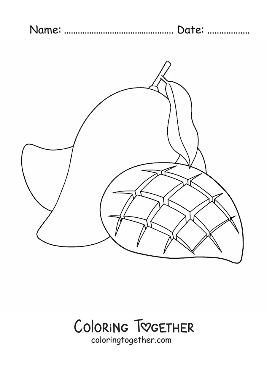 Coloring page of a mango sliced into cubes with another mango in the background