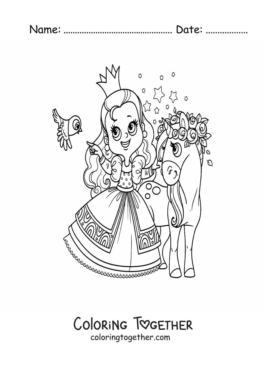 Coloring page of a kawaii princess with a unicorn and a bird