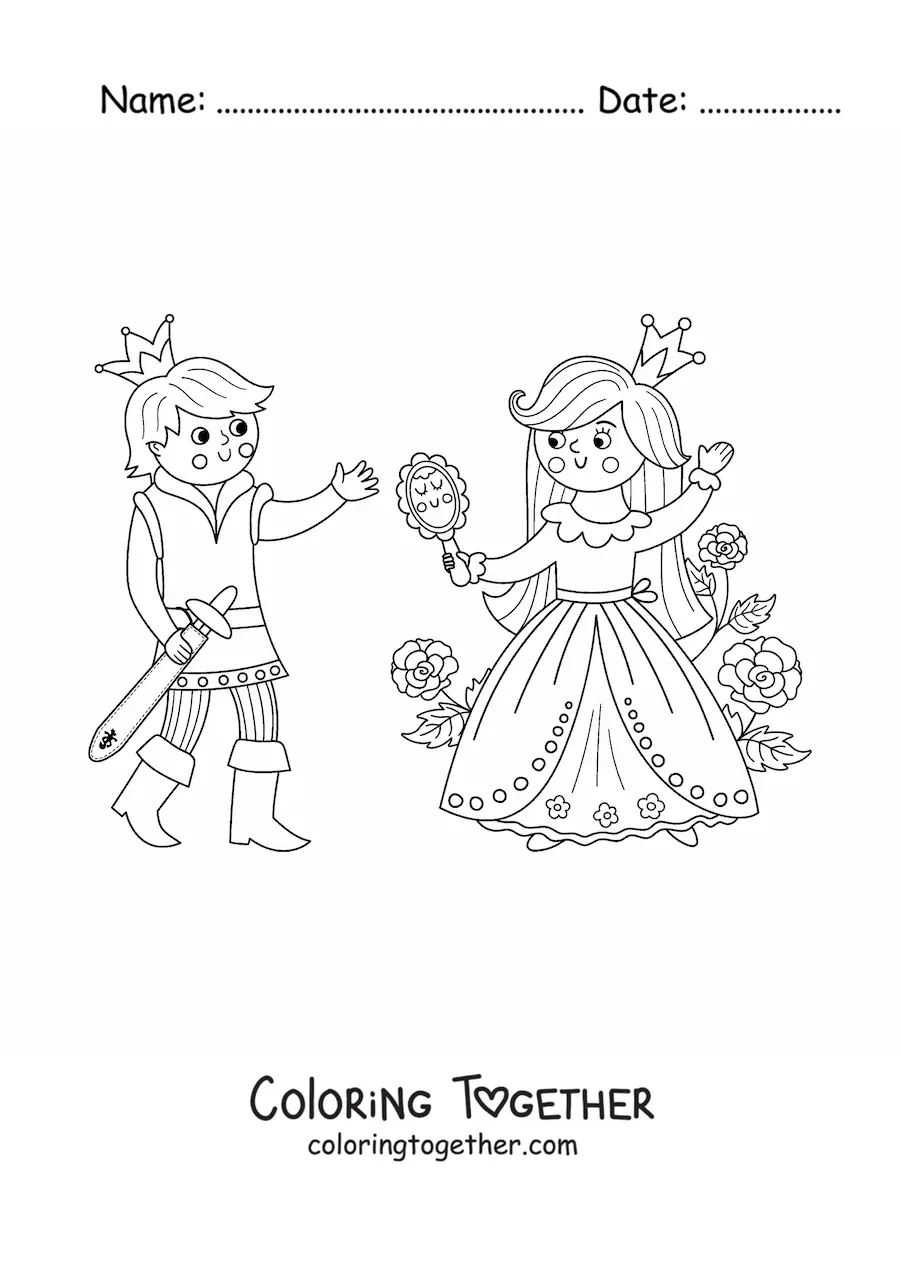 Coloring page of a kawaii prince and princess