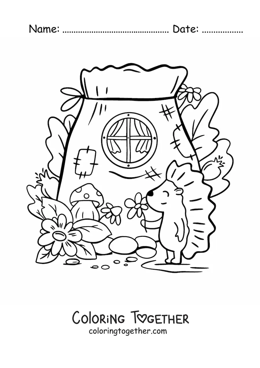Coloring page of a cartoon porcupine and an enchanted forest house