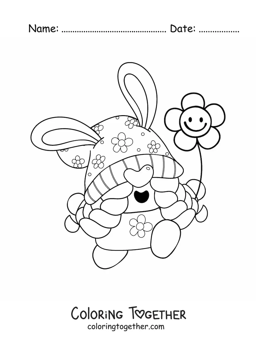 Coloring page of a funny Easter gnome with a flower