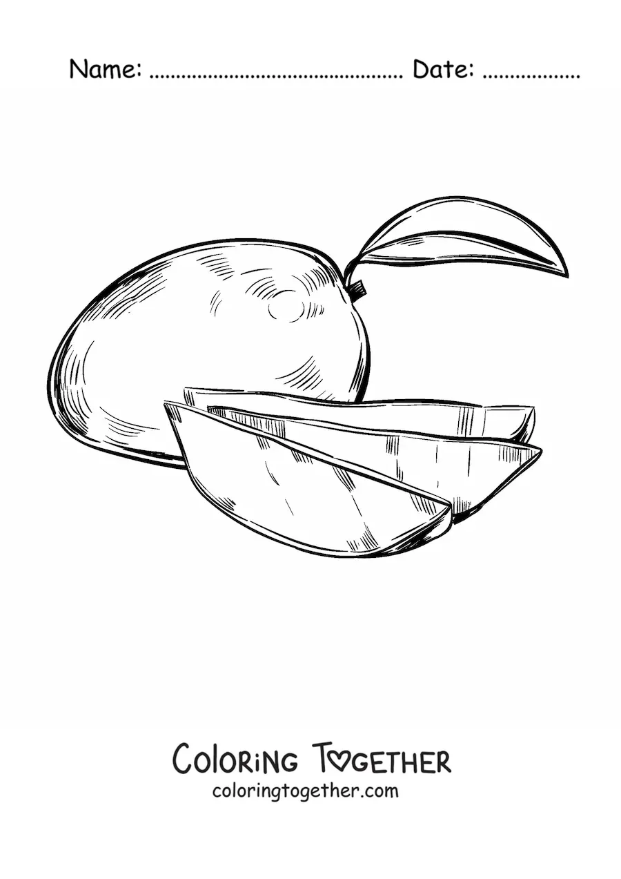 Coloring page of a sliced mango with a whole mango in the background