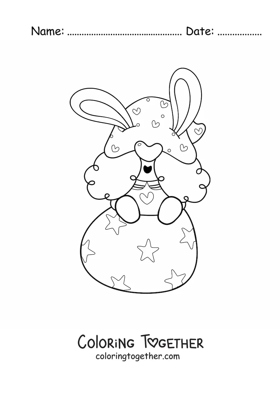 Coloring page of a gnome sitting on an Easter egg