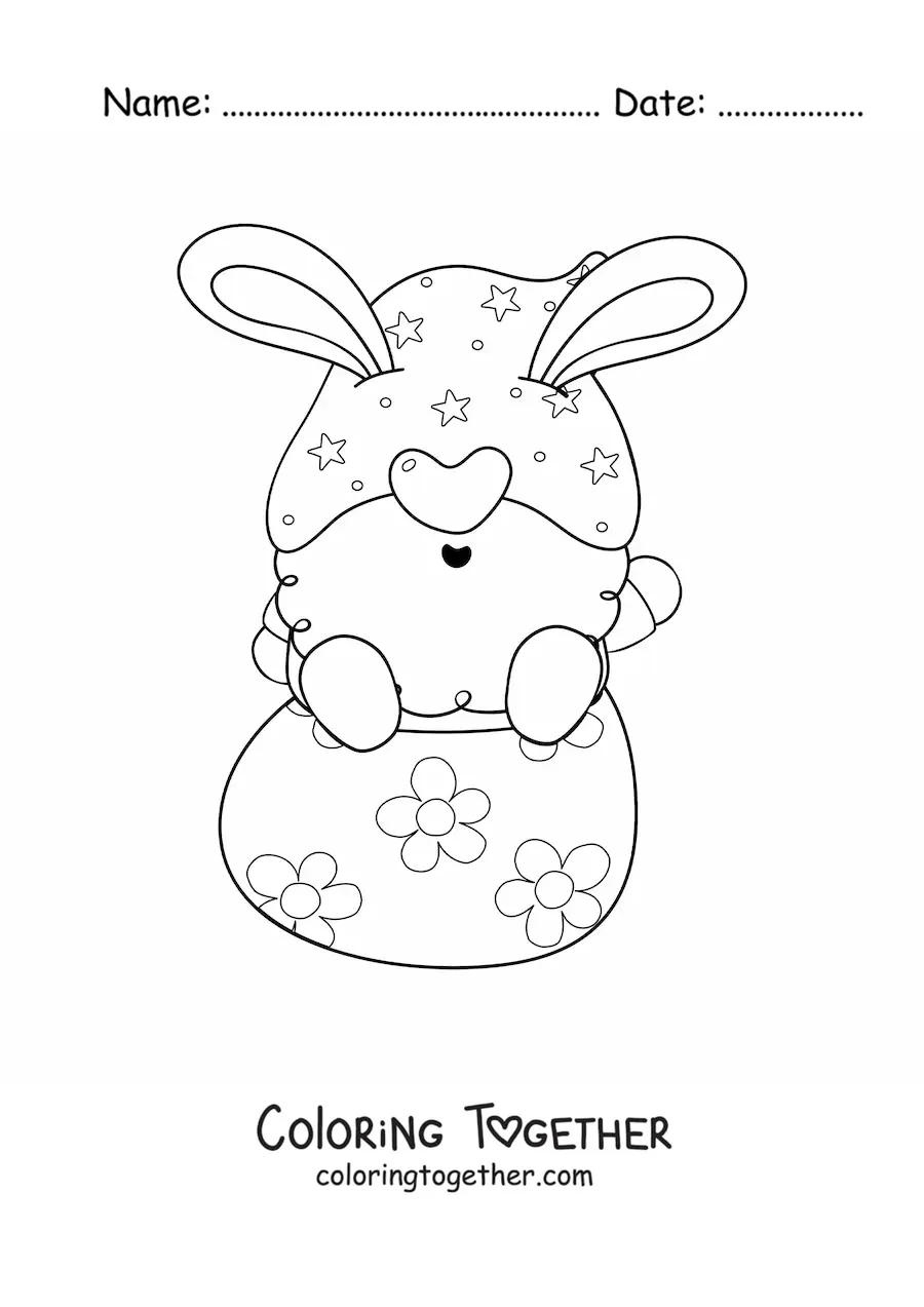 Coloring page of a bearded gnome sitting on an Easter egg